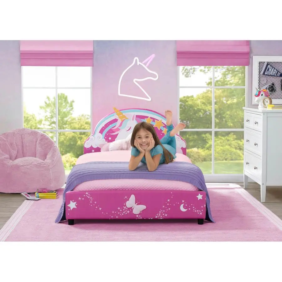 Children Unicorn Upholstered Twin Bed, Pink