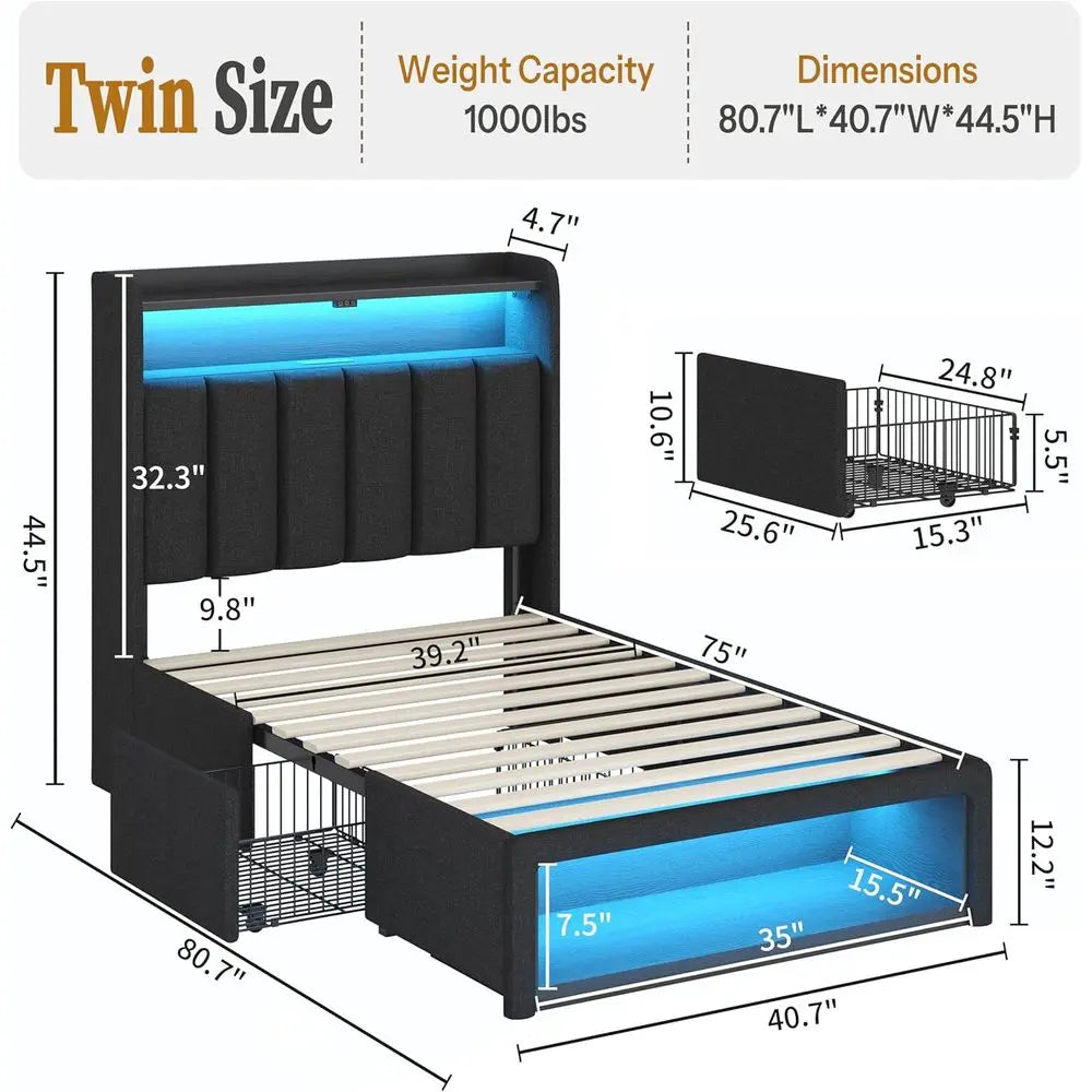 Twin Bed  LED Lights &Charging Station