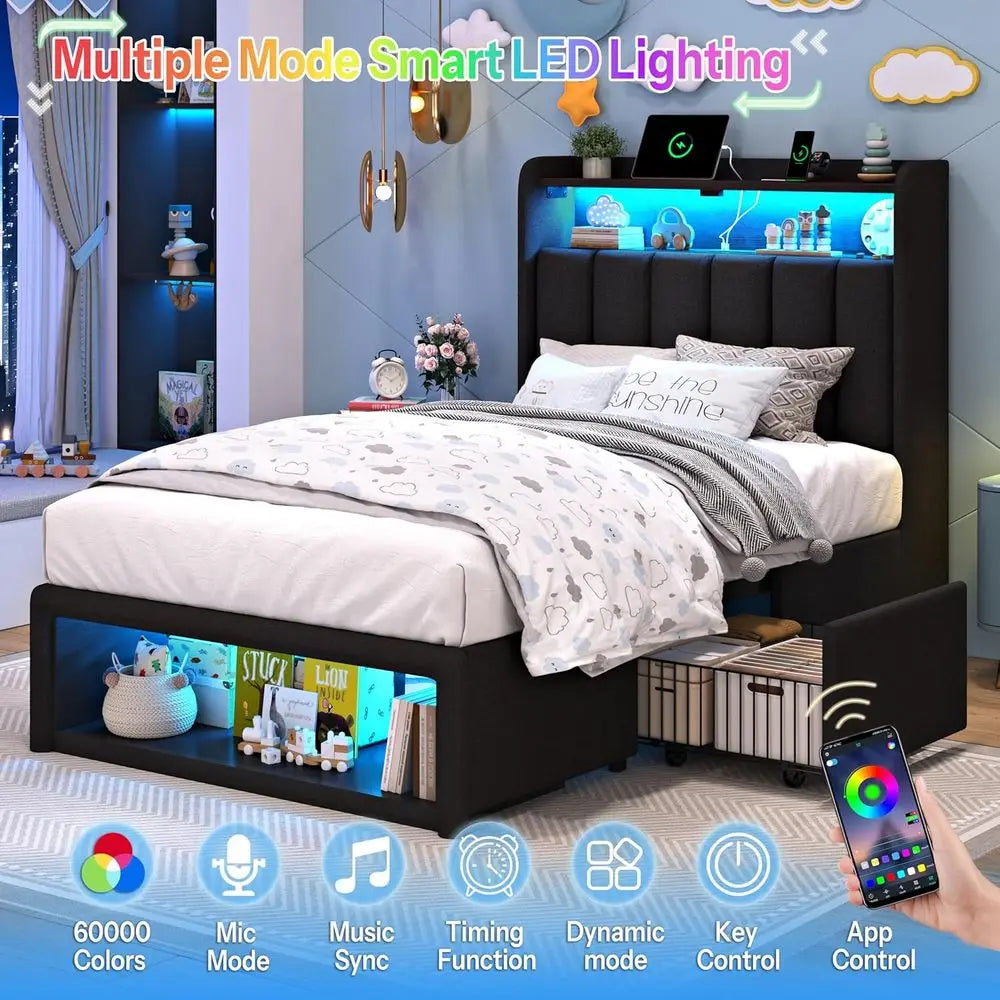 Twin Bed  LED Lights &Charging Station